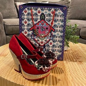 Irregular Choice Tropical Berry Red Suede Gold Platform Wedge Shoes